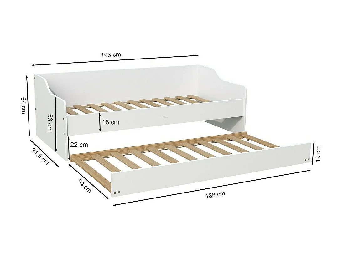 Lit gigogne 90x190cm blanc SWITY  Blanc inclus sommier et 1 tiroir lit
