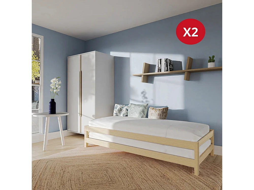 Lit empilable 1 place 90x190cm 2 sommiers inclus Bois clair
