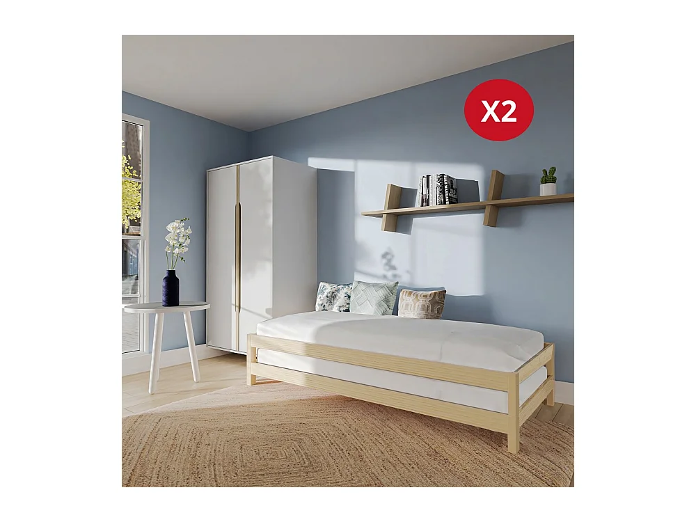 Lit empilable 1 place 80x200cm 2 sommiers inclus Bois clair