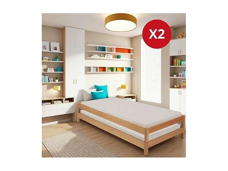 Lit empilable 1 place 90x200cm Hêtre masssif 2 sommiers inclus