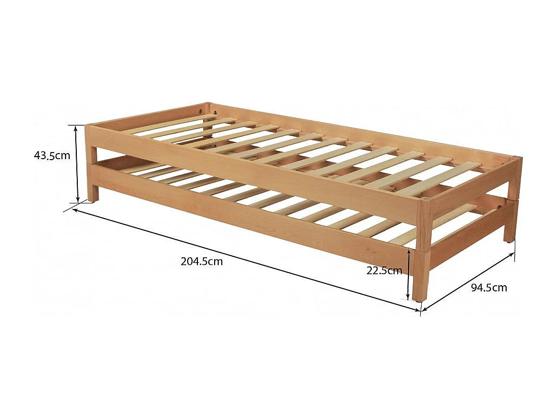 Lit empilable 1 place 90x200cm Hêtre masssif 2 sommiers inclus