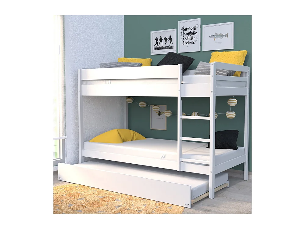 Lit superposé et 1 lit tiroir 90x190 WILL Blanc incl. Sommier