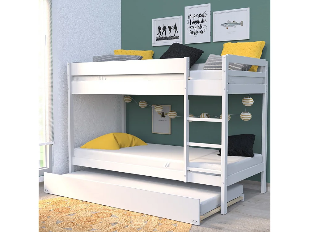 Lit superposé et 1 lit tiroir 90x190 WILL Blanc incl. Sommier