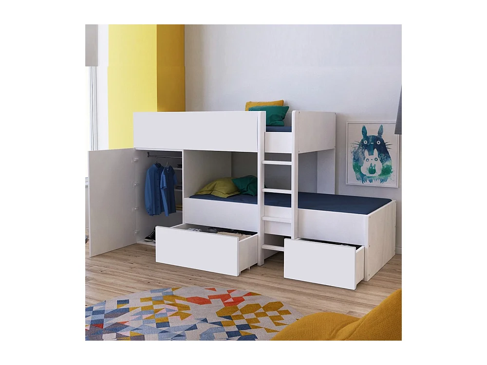 Lit superposé 90x190 avec armoire et tiroirs TWEEL Blanc incl. 2 sommiers