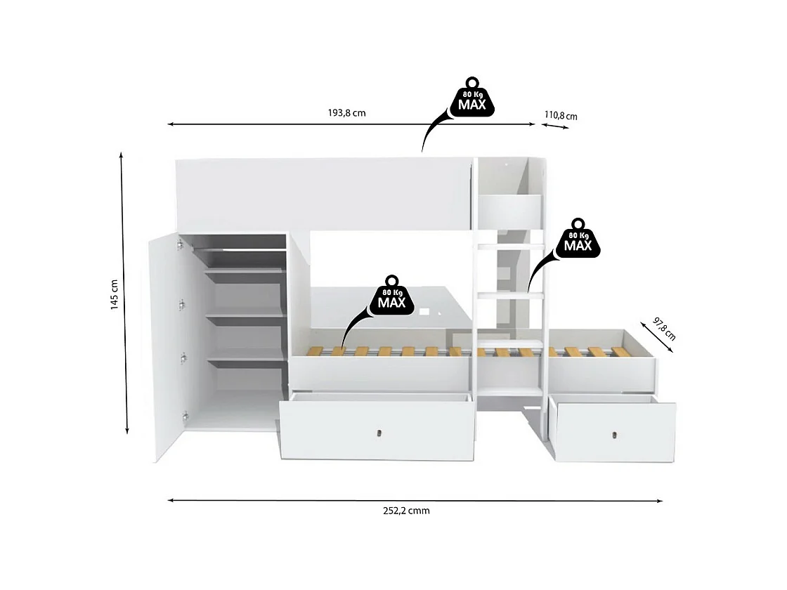 Lit superposé 90x190 avec armoire et tiroirs TWEEL Blanc incl. 2 sommiers