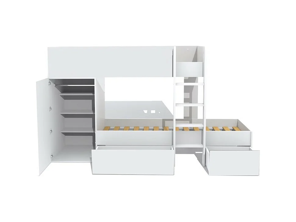 Lit superposé 90x190 avec armoire et tiroirs TWEEL Blanc incl. 2 sommiers