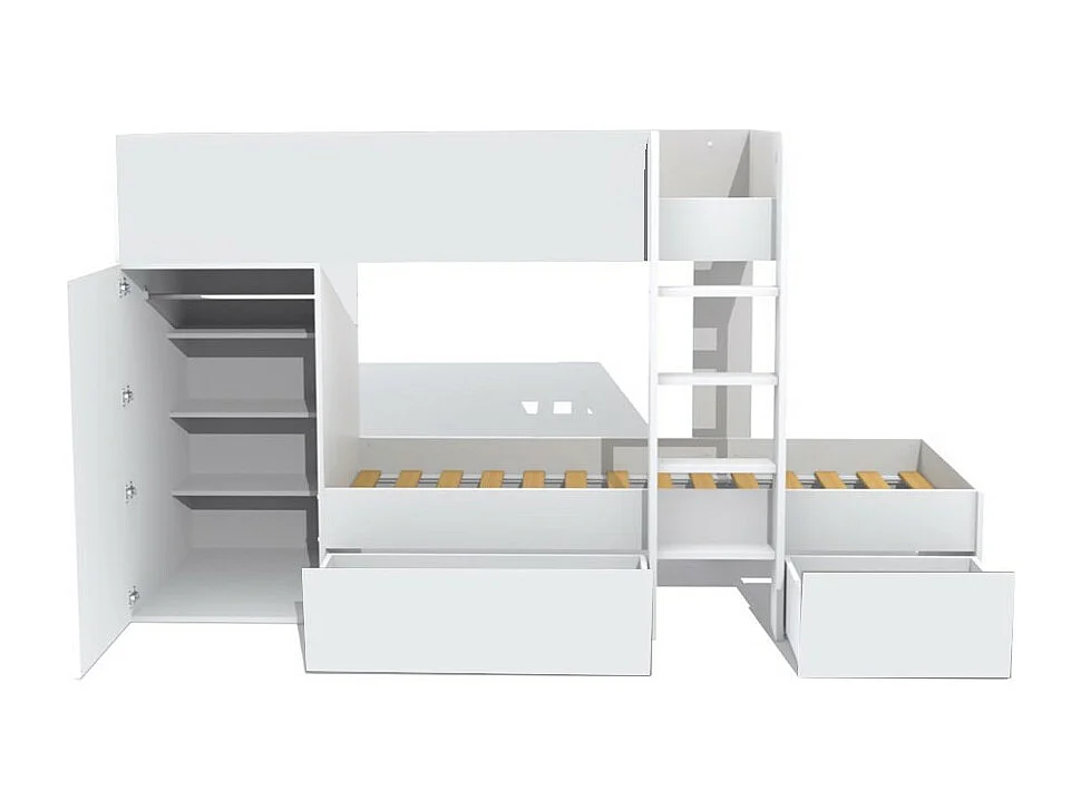 Lit superposé 90x190 avec armoire et tiroirs TWEEL Blanc incl. 2 sommiers