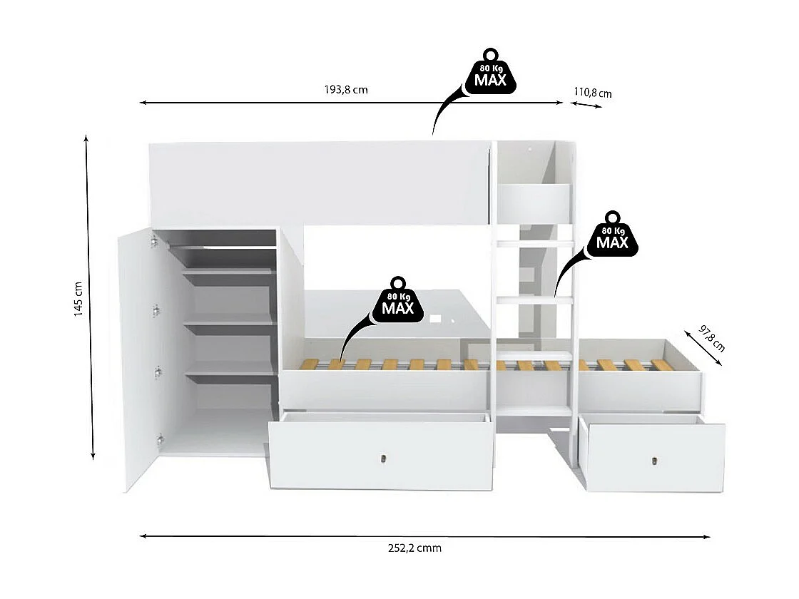 Lit superposé 90x190 avec armoire et tiroirs TWEEL Blanc incl. 2 sommiers