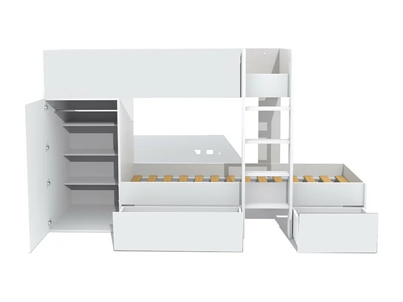Lit superposé 90x190 avec armoire et tiroirs TWEEL Blanc incl. 2 sommiers