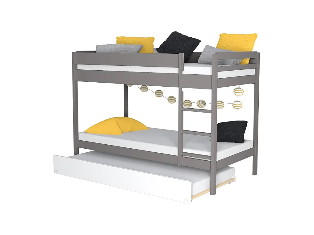 Lit superposé et 1 lit tiroir 90x190 WILL Gris incl. Sommier