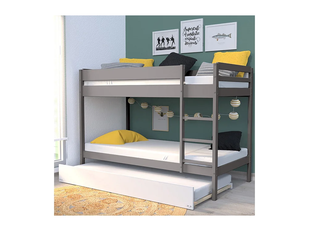 Lit superposé et 1 lit tiroir 90x190 WILL Gris incl. Sommier