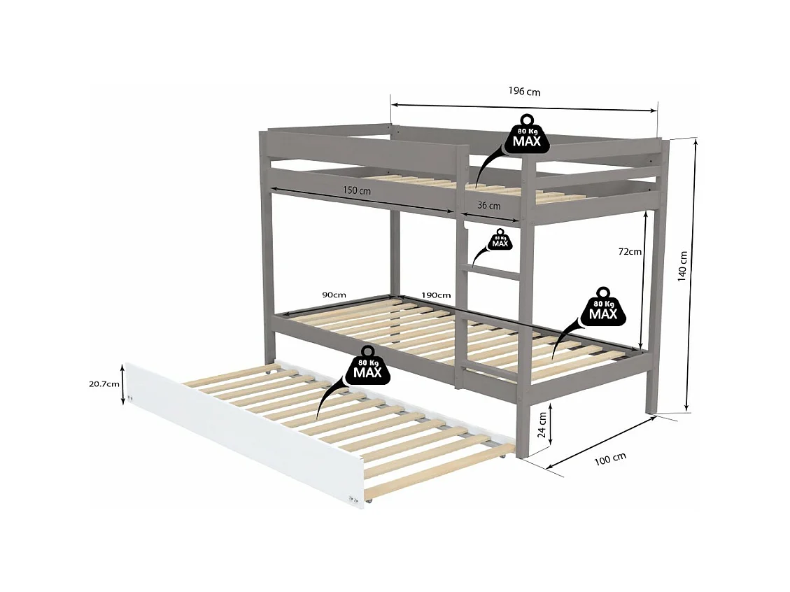 Lit superposé et 1 lit tiroir 90x190 WILL Gris incl. Sommier