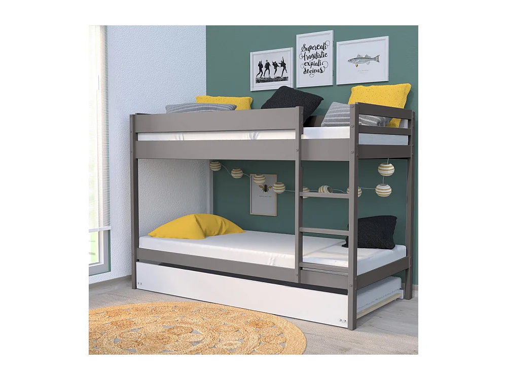 Lit superposé et 1 lit tiroir 90x190 WILL Gris incl. Sommier