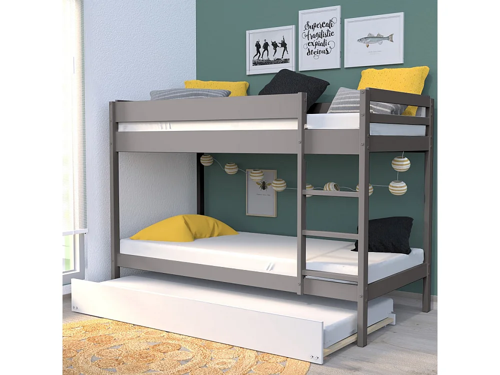 Lit superposé et 1 lit tiroir 90x190 WILL Gris incl. Sommier