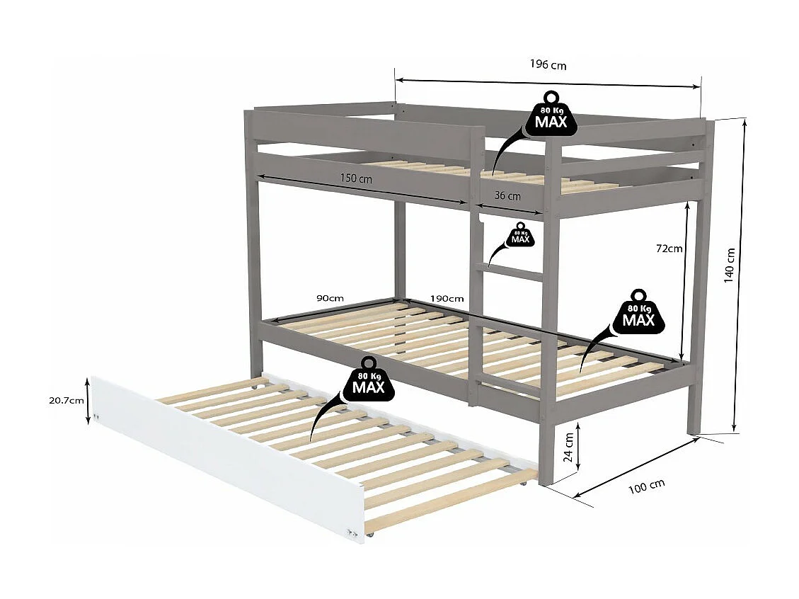 Lit superposé et 1 lit tiroir 90x190 WILL Gris incl. Sommier