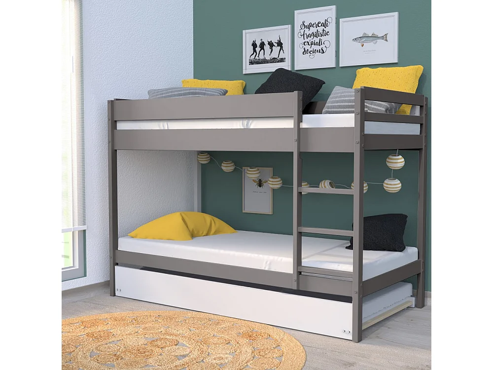 Lit superposé et 1 lit tiroir 90x190 WILL Gris incl. Sommier