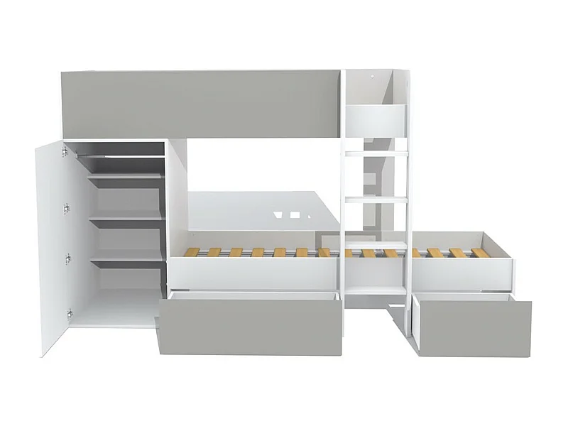Lit superposé 90x190 avec armoire et tiroirs TWEEL Gris et Blanc incl. 2 sommiers