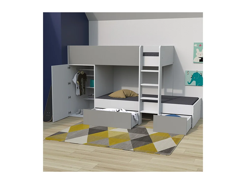 Lit superposé 90x190 avec armoire et tiroirs TWEEL Gris et Blanc incl. 2 sommiers