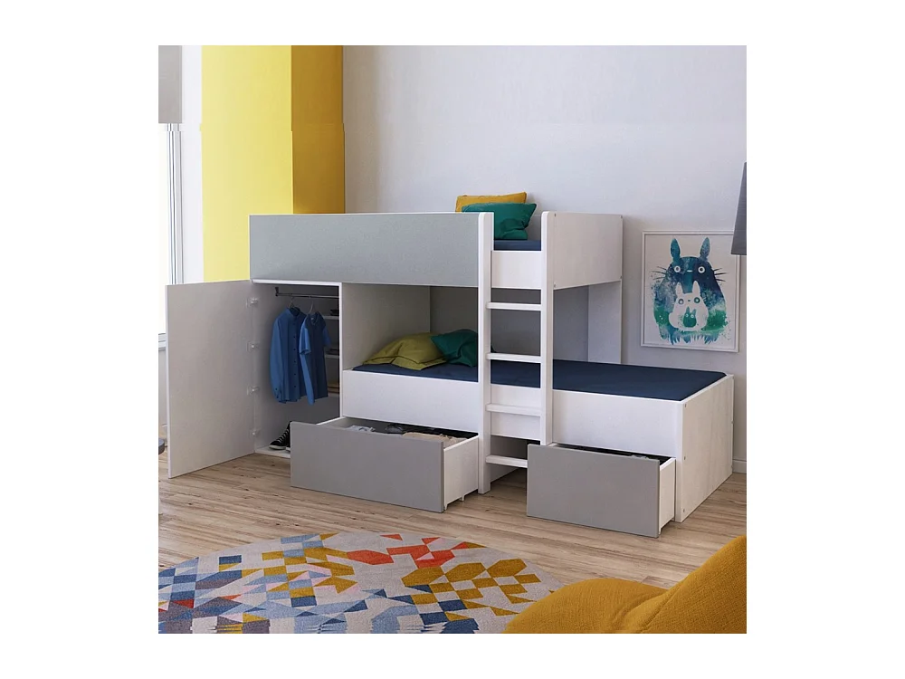 Lit superposé 90x190 avec armoire et tiroirs TWEEL Gris et Blanc incl. 2 sommiers