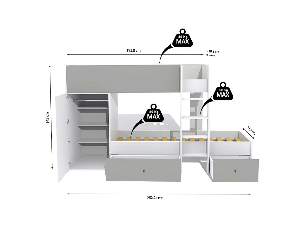 Lit superposé 90x190 avec armoire et tiroirs TWEEL Gris et Blanc incl. 2 sommiers