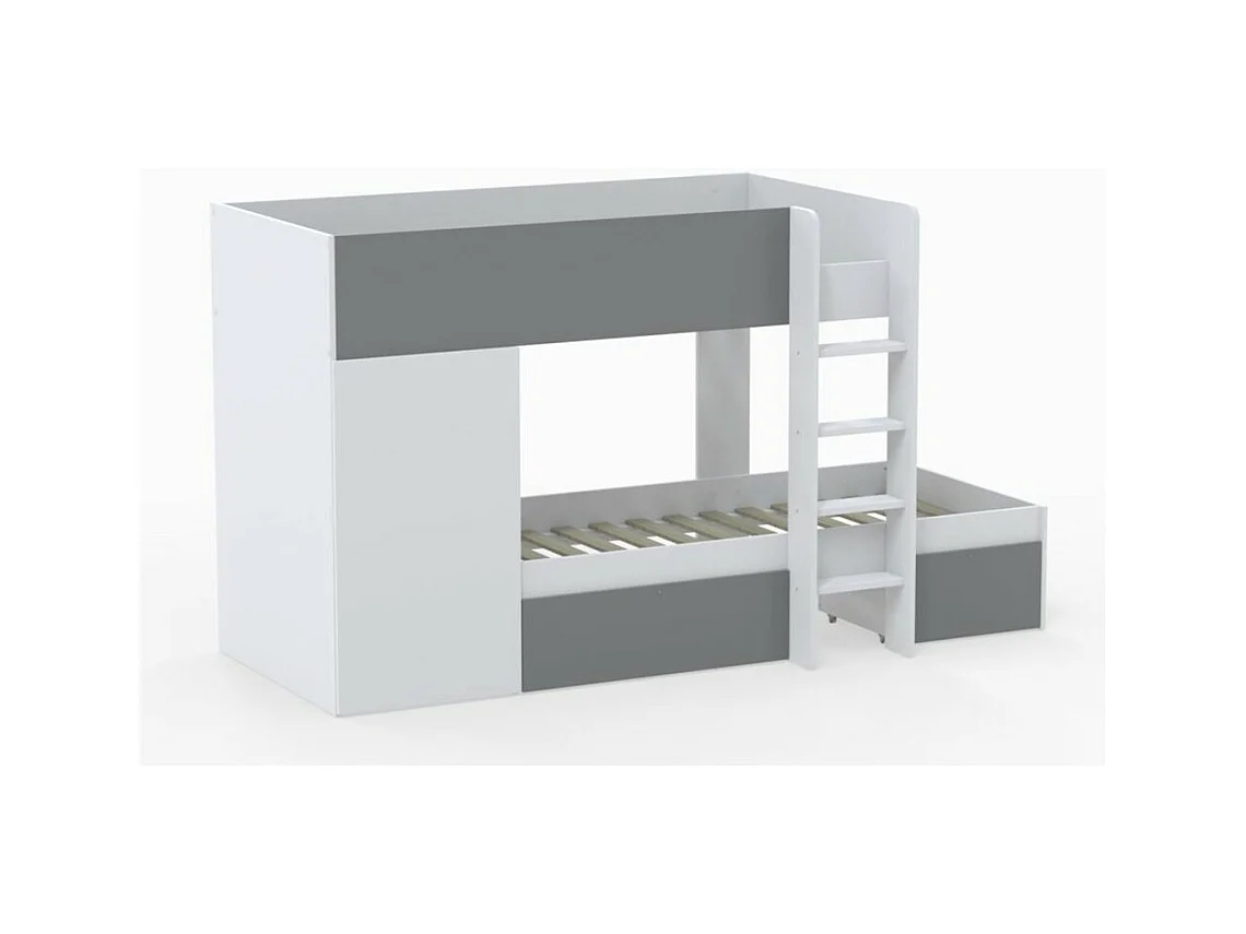 Lit superposé 90x190 avec armoire et tiroirs TWEEL Gris et Blanc incl. 2 sommiers