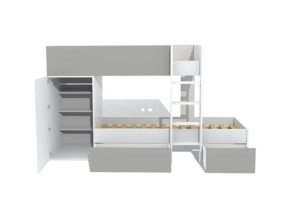 Lit superposé 90x190 avec armoire et tiroirs TWEEL Gris et Blanc incl. 2 sommiers