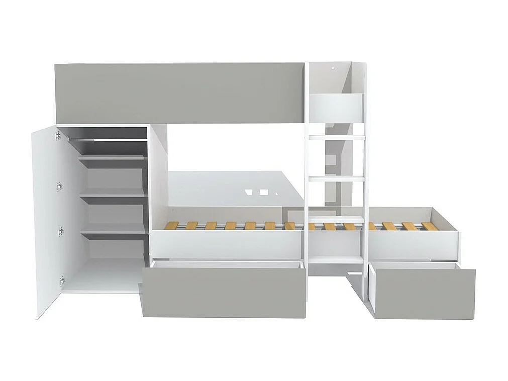 Lit superposé 90x190 avec armoire et tiroirs TWEEL Gris et Blanc incl. 2 sommiers