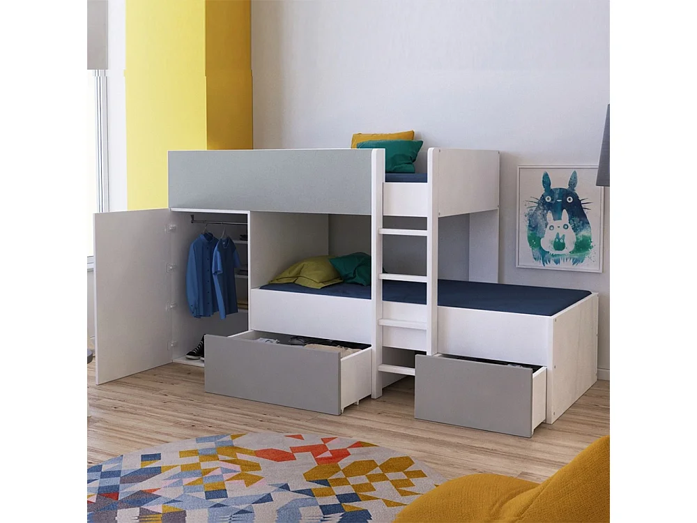 Lit superposé 90x190 avec armoire et tiroirs TWEEL Gris et Blanc incl. 2 sommiers