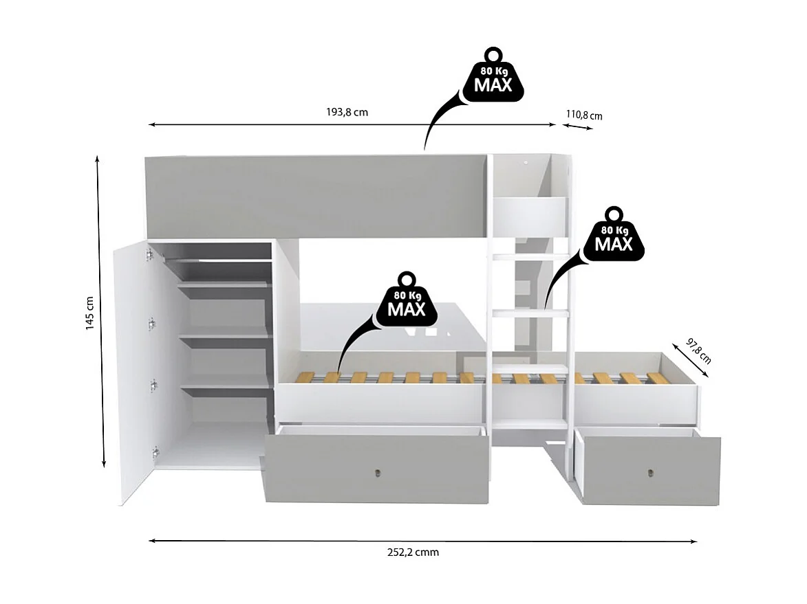 Lit superposé 90x190 avec armoire et tiroirs TWEEL Gris et Blanc incl. 2 sommiers