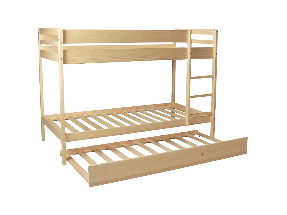 Lit superposé et 1 lit tiroir 90x190 WILL Bois naturel incl. Sommier