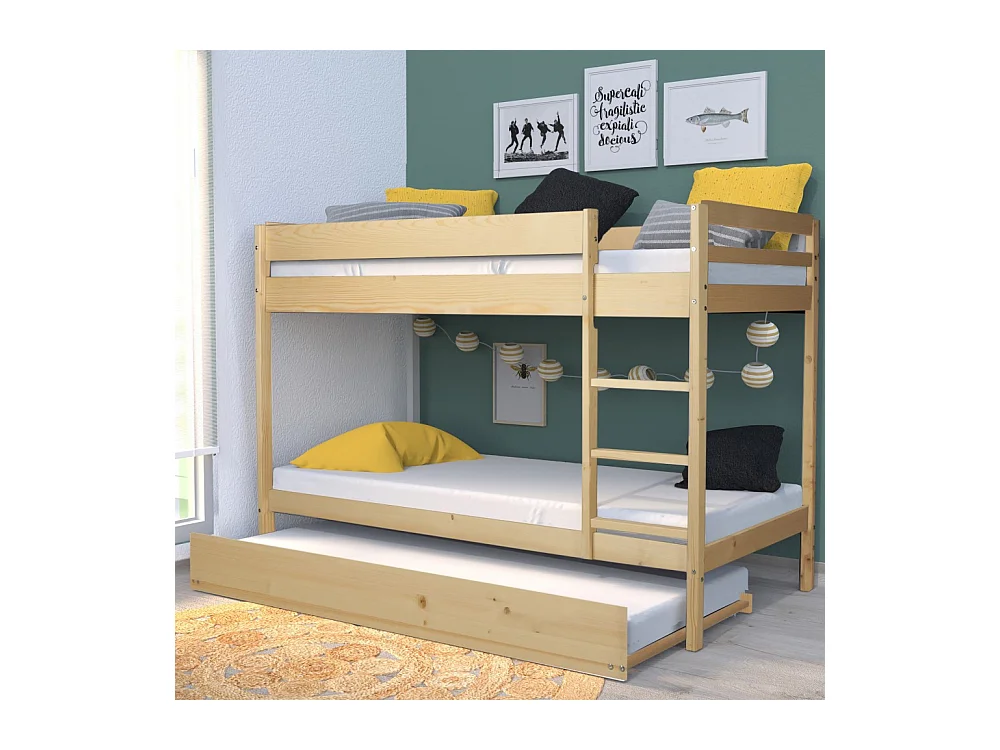 Lit superposé et 1 lit tiroir 90x190 WILL Bois naturel incl. Sommier