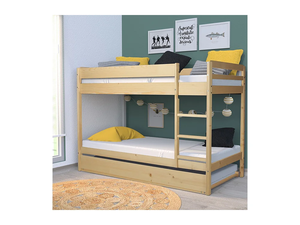 Lit superposé et 1 lit tiroir 90x190 WILL Bois naturel incl. Sommier