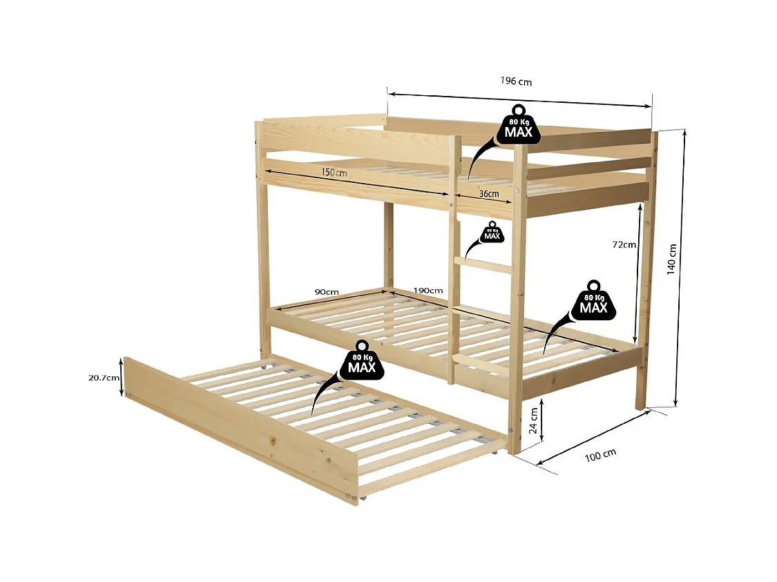 Lit superposé et 1 lit tiroir 90x190 WILL Bois naturel incl. Sommier