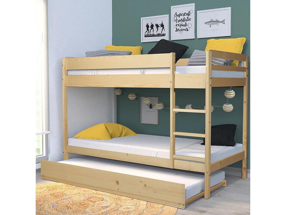 Lit superposé et 1 lit tiroir 90x190 WILL Bois naturel incl. Sommier