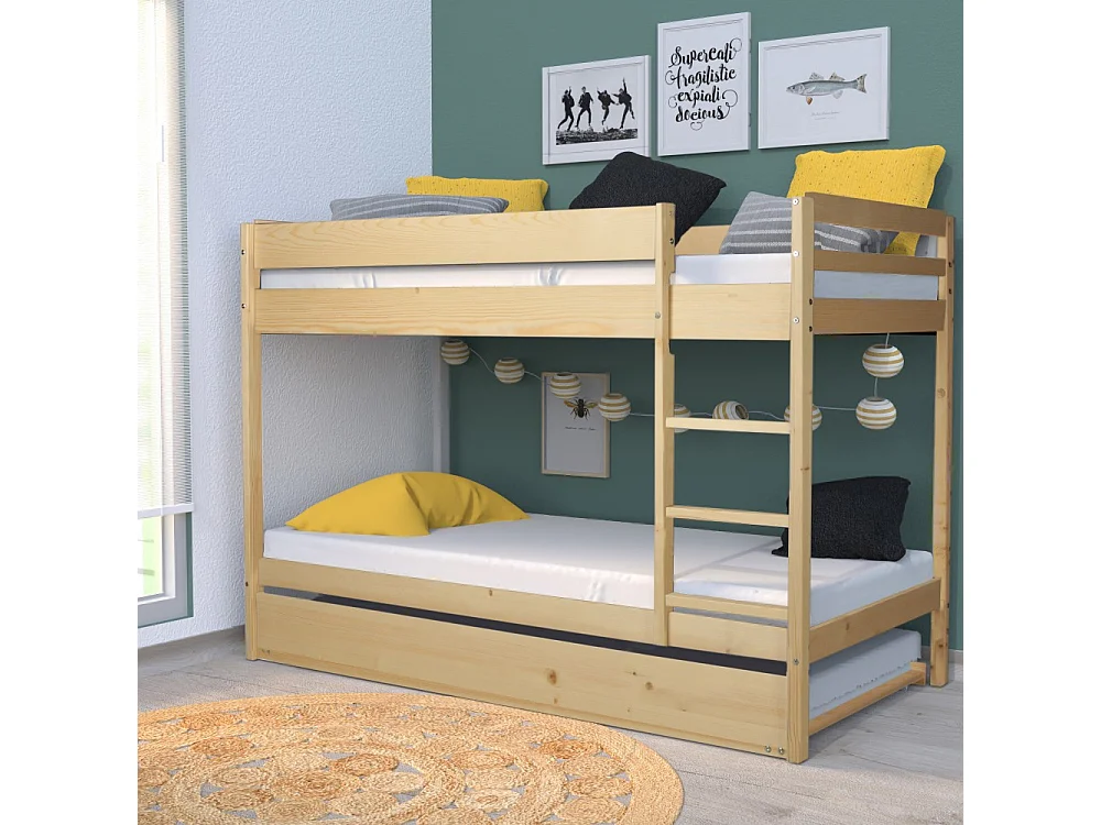 Lit superposé et 1 lit tiroir 90x190 WILL Bois naturel incl. Sommier