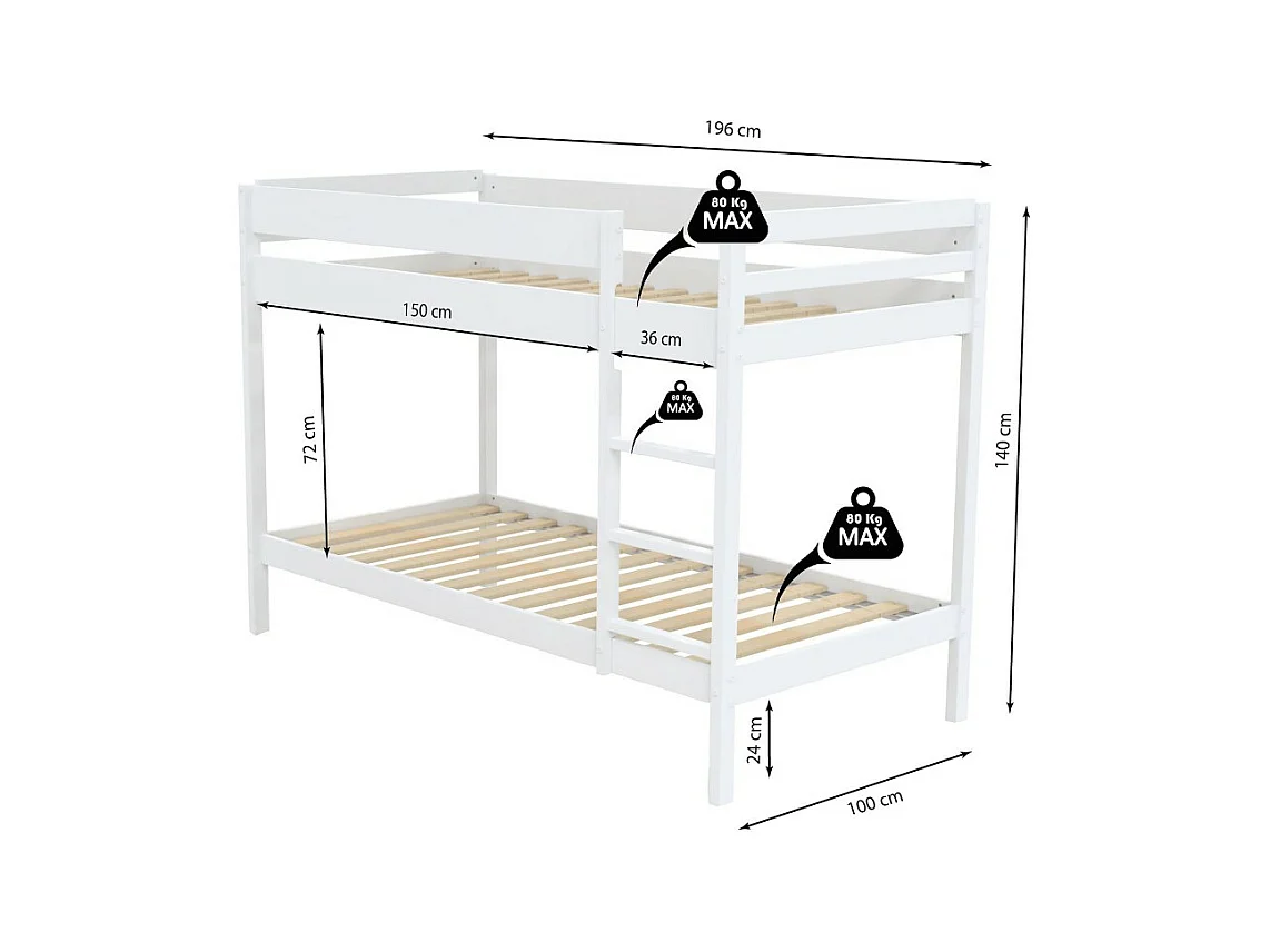 Lit superposé 90x190 BRICE Blanc incl. 2 sommiers