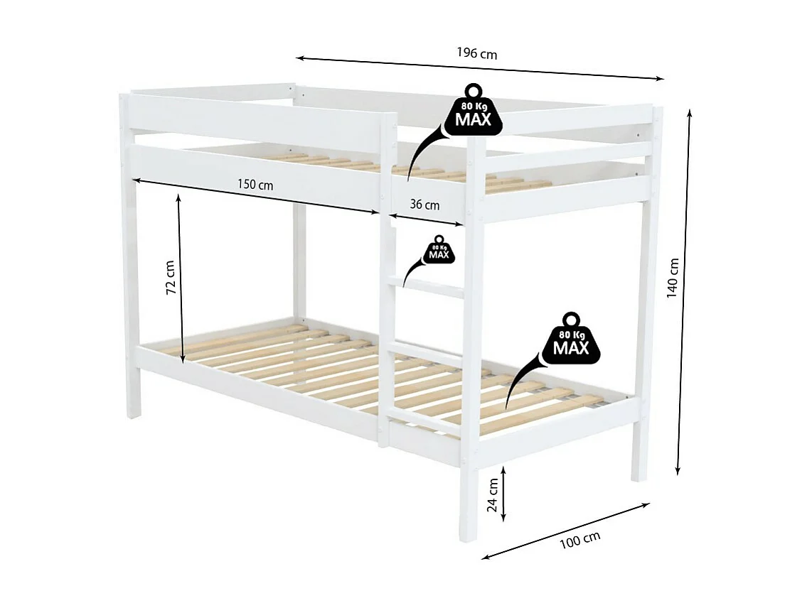 Lit superposé 90x190 BRICE Blanc incl. 2 sommiers