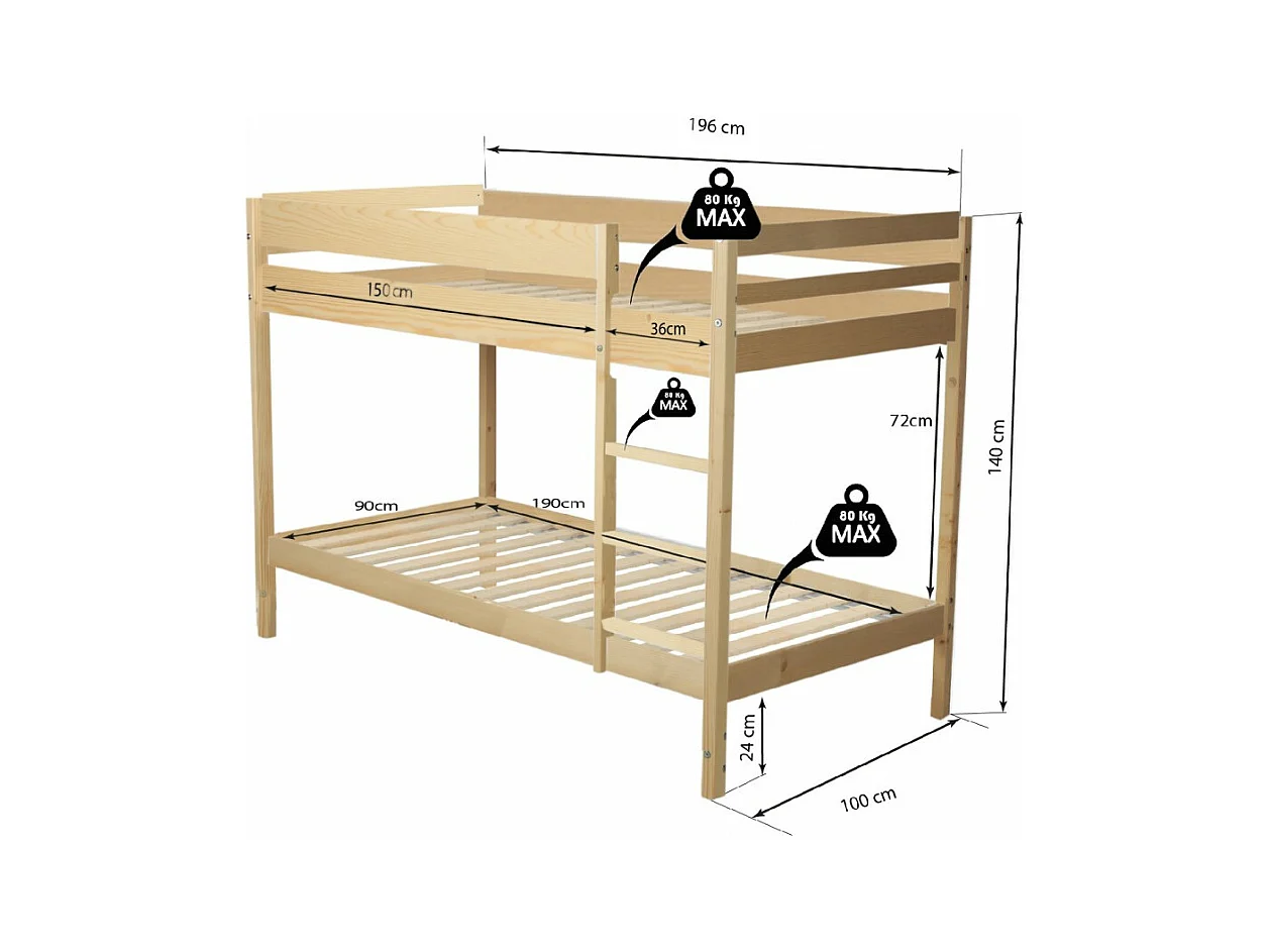 Lit superposé 90x190 BRICE bois naturel incl. 2 sommiers