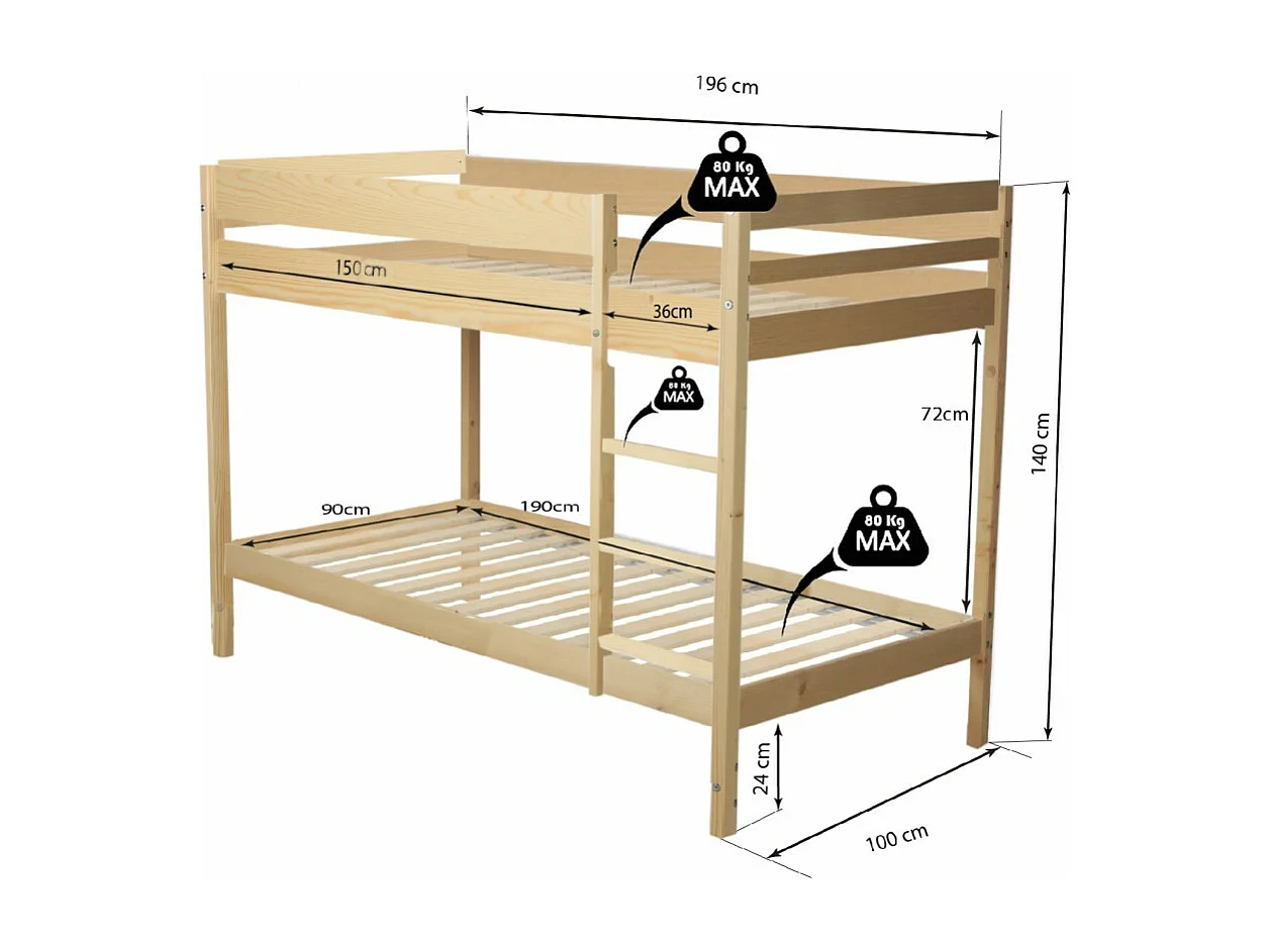 Lit superposé 90x190 BRICE bois naturel incl. 2 sommiers