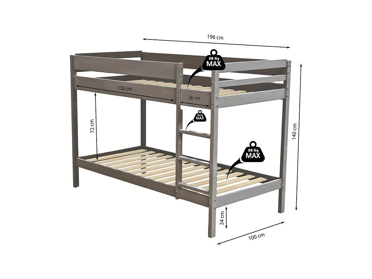 Lit superposé 90x190 BRICE Gris incl. 2 sommiers