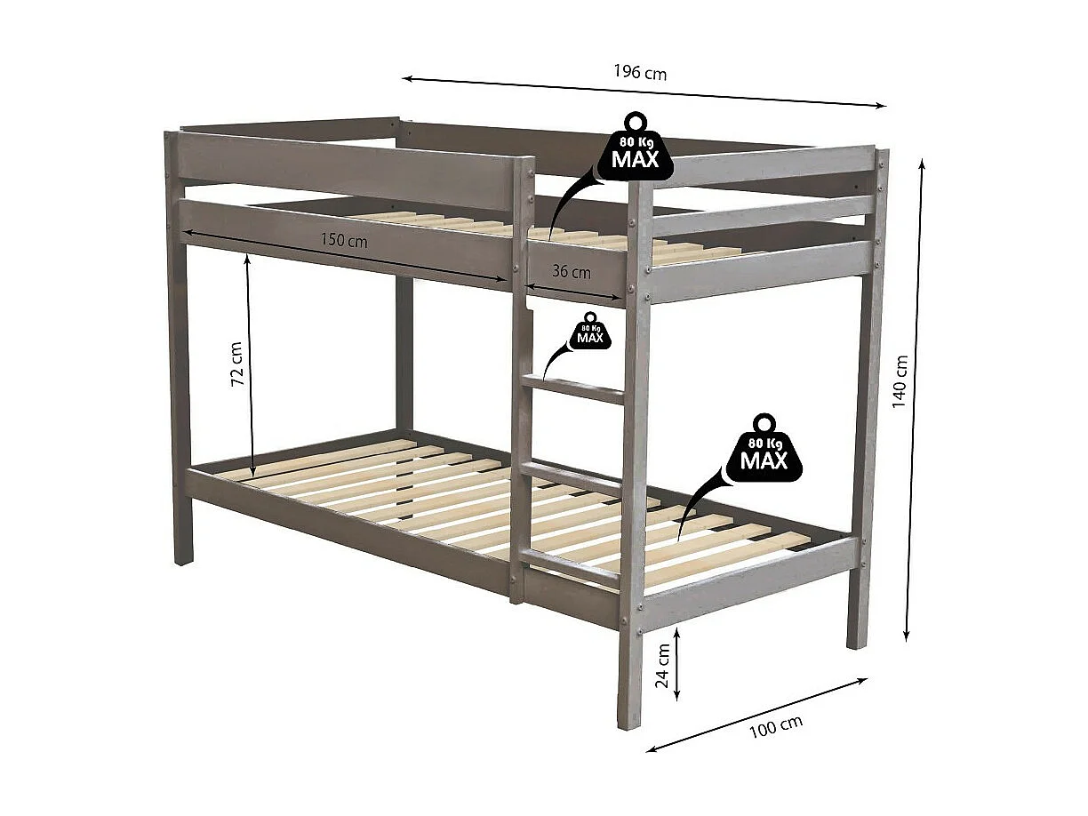 Lit superposé 90x190 BRICE Gris incl. 2 sommiers