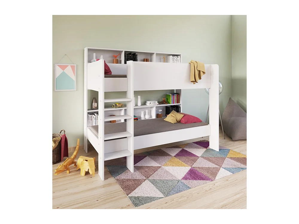 Lit superposé 90x190 LIVA Blanc incl. 2 sommiers et étagères de rangement