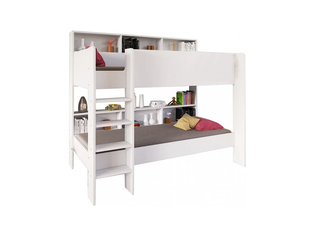 Lit superposé 90x190 LIVA Blanc incl. 2 sommiers et étagères de rangement