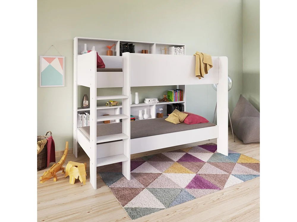 Lit superposé 90x190 LIVA Blanc incl. 2 sommiers et étagères de rangement