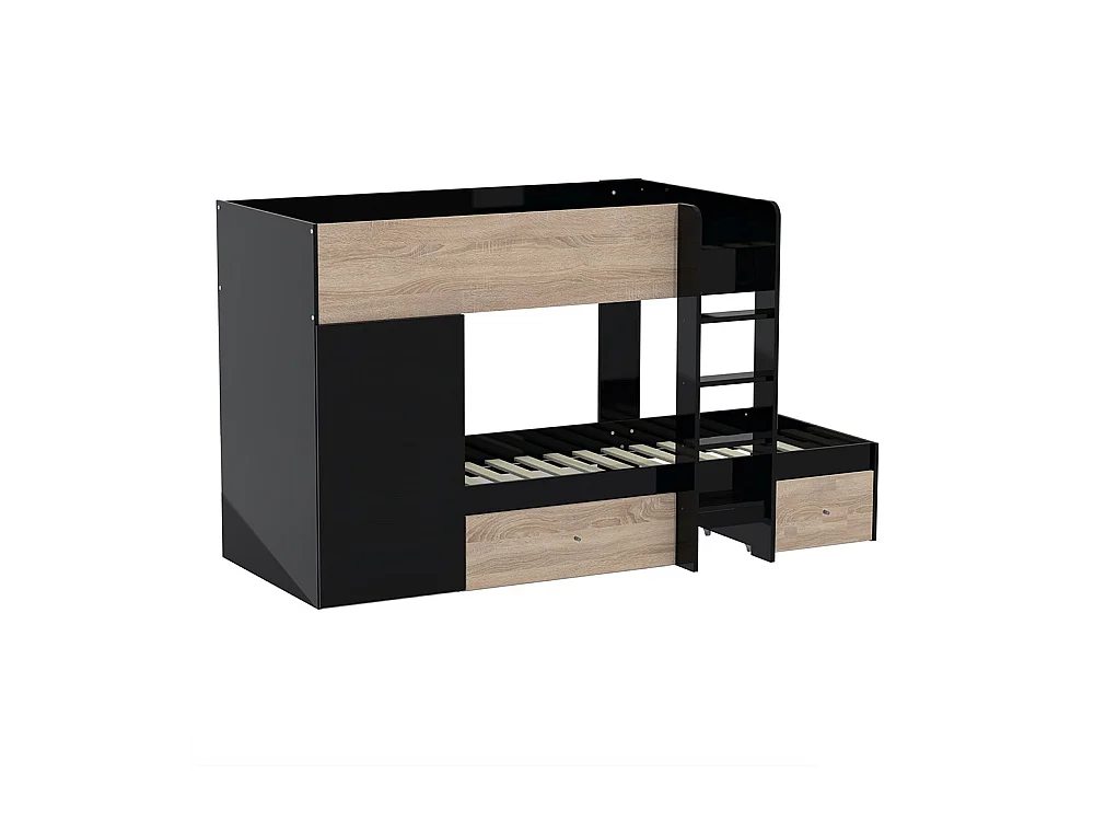 Lit superposé 90x190 avec armoire et tiroirs TWEEL Noir et chêne incl. 2 sommiers