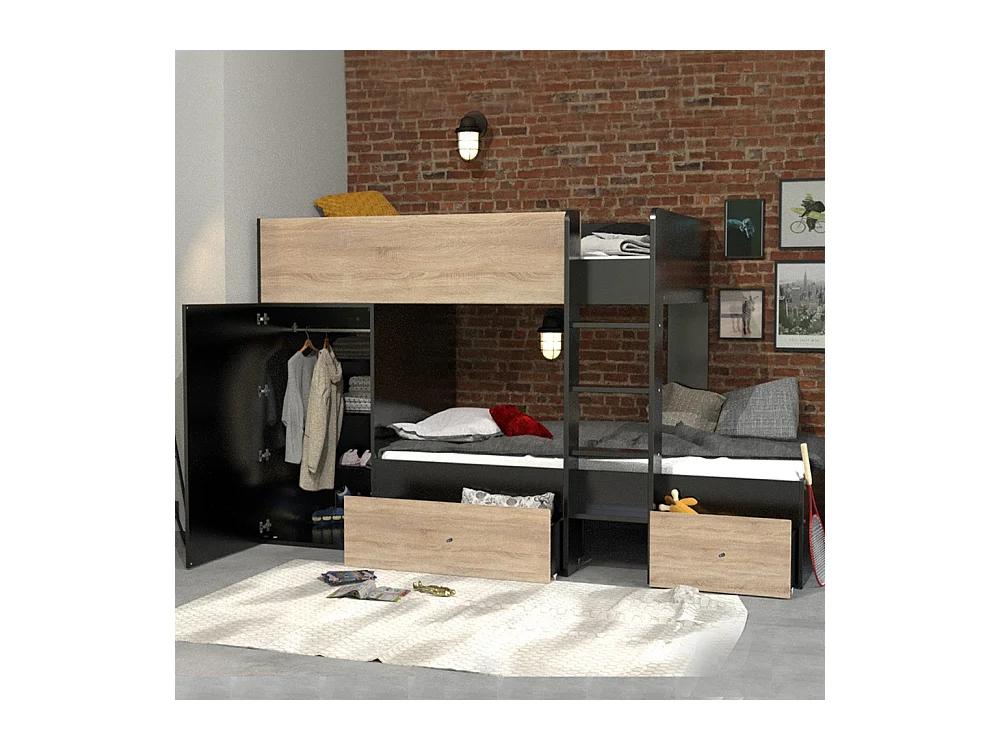 Lit superposé 90x190 avec armoire et tiroirs TWEEL Noir et chêne incl. 2 sommiers