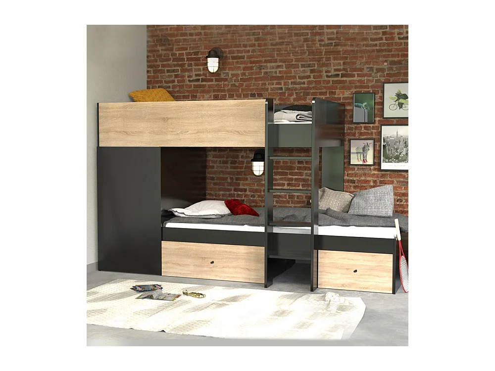 Lit superposé 90x190 avec armoire et tiroirs TWEEL Noir et chêne incl. 2 sommiers
