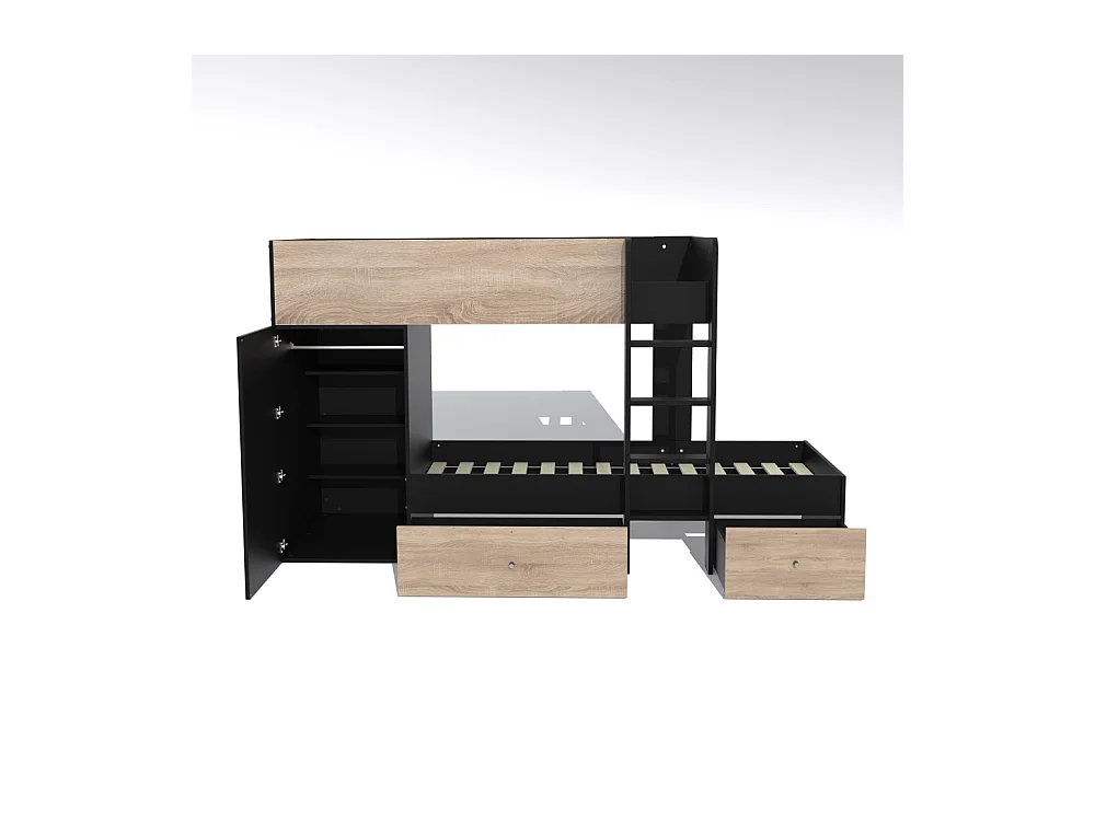 Lit superposé 90x190 avec armoire et tiroirs TWEEL Noir et chêne incl. 2 sommiers