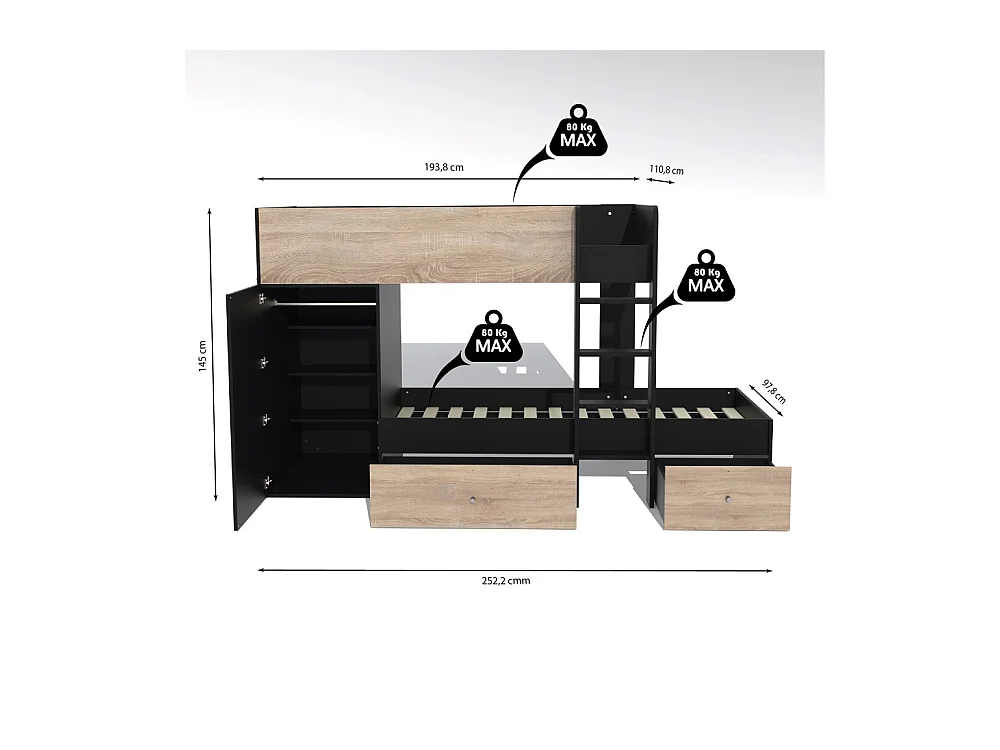 Lit superposé 90x190 avec armoire et tiroirs TWEEL Noir et chêne incl. 2 sommiers