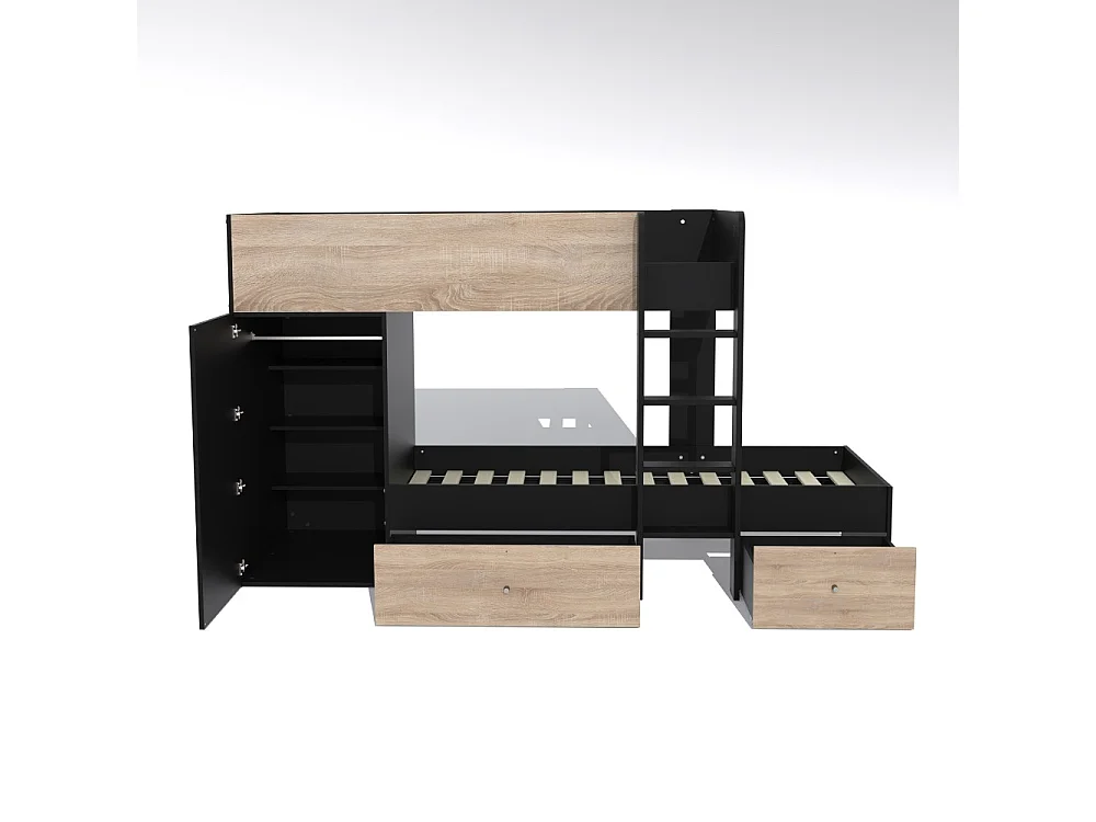 Lit superposé 90x190 avec armoire et tiroirs TWEEL Noir et chêne incl. 2 sommiers